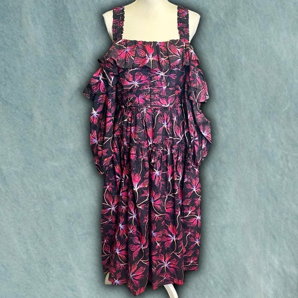 NWOT Ulla Johnson ‘Caprice’ Black & Pink Floral-Print Cotton Midi Dress Size 8 - Picture 3 of 16